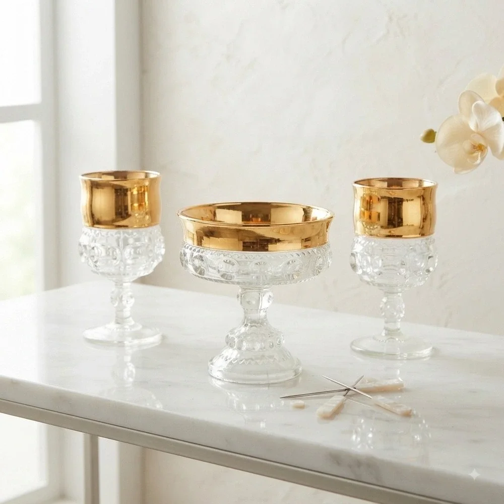 Indiana Glass Kings Thumbprint Gold Rim Goblets and Compote Set of 3 Vintage MCM
